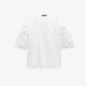 Zara White Short Sleeve Tee with Floral Detail